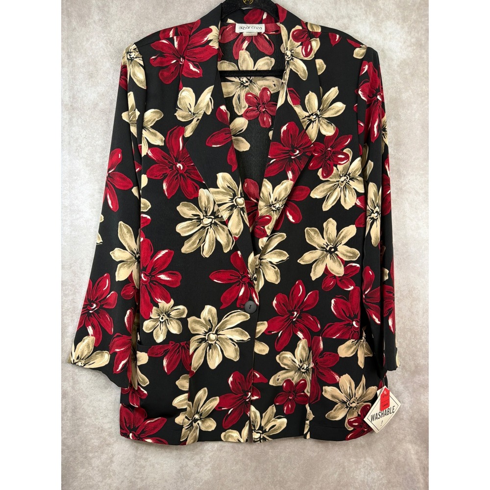 NWT VTG 90s Apparenza Blazer Large Black Red Tan Floral Washable USA Made